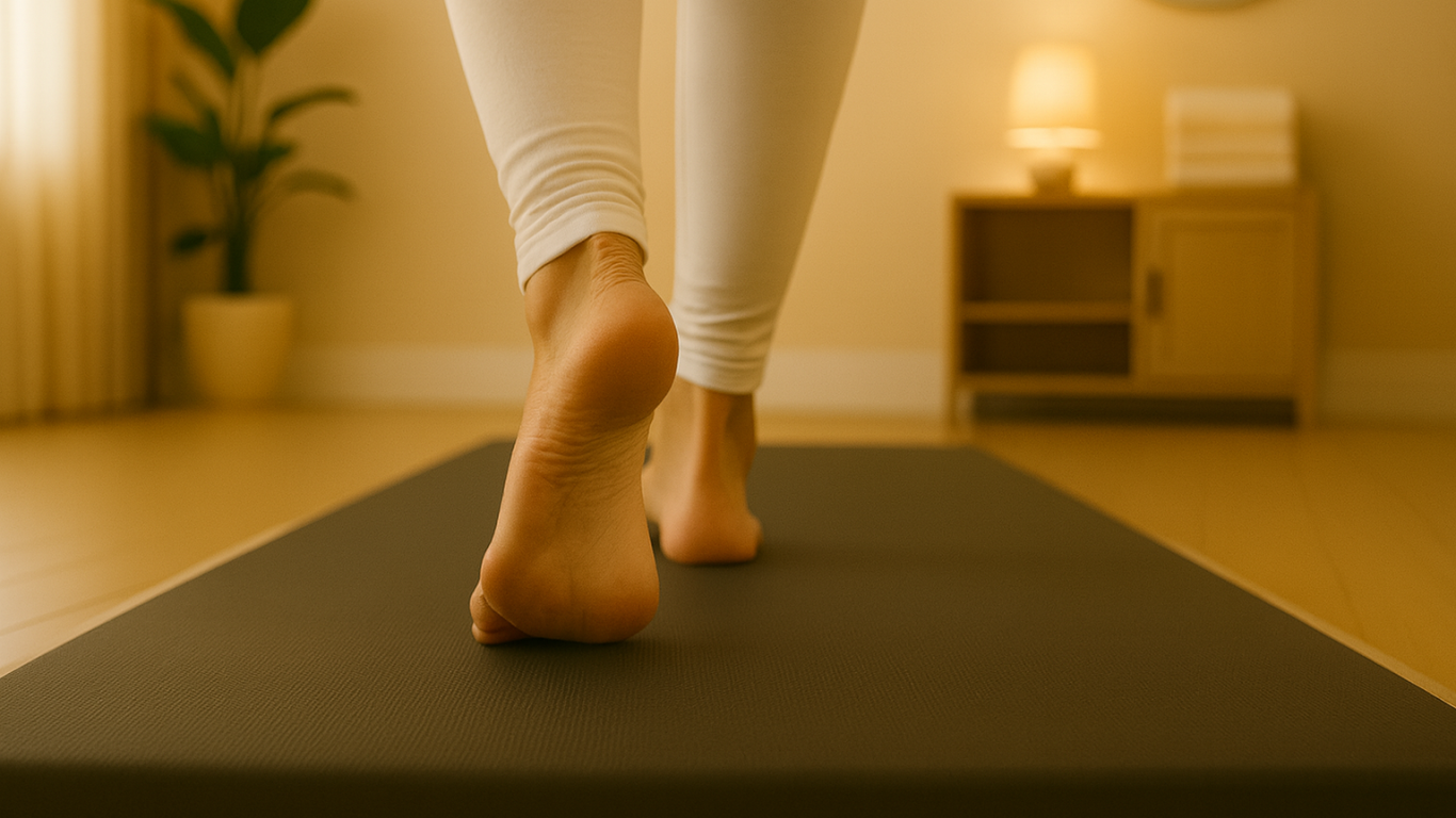 Training auf der Bodywork Premium-Matte Barfuß laufende Person auf einer Bodywork Trainings- und Wellnessmatte im Studio